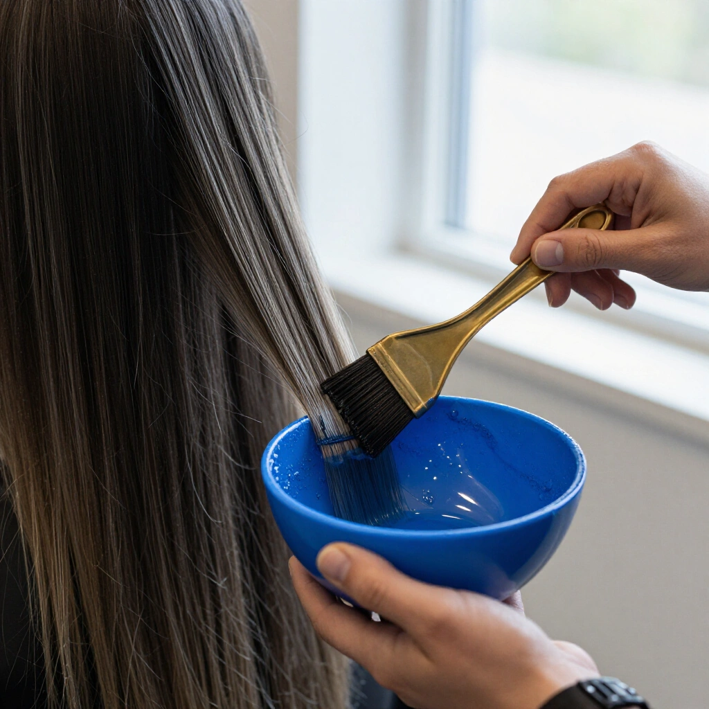 Coloristin trägt Balayage mit Pinsel und Färbeschale auf langes Haar auf