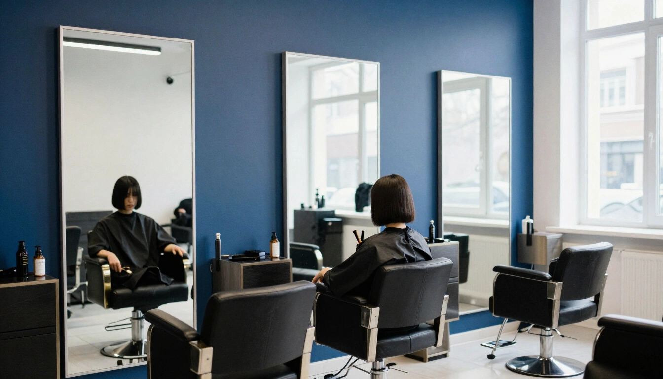 Friseurin schneidet einen präzisen Bob im Salon von mwfriseure in Köln vor kobaltblauer Wand