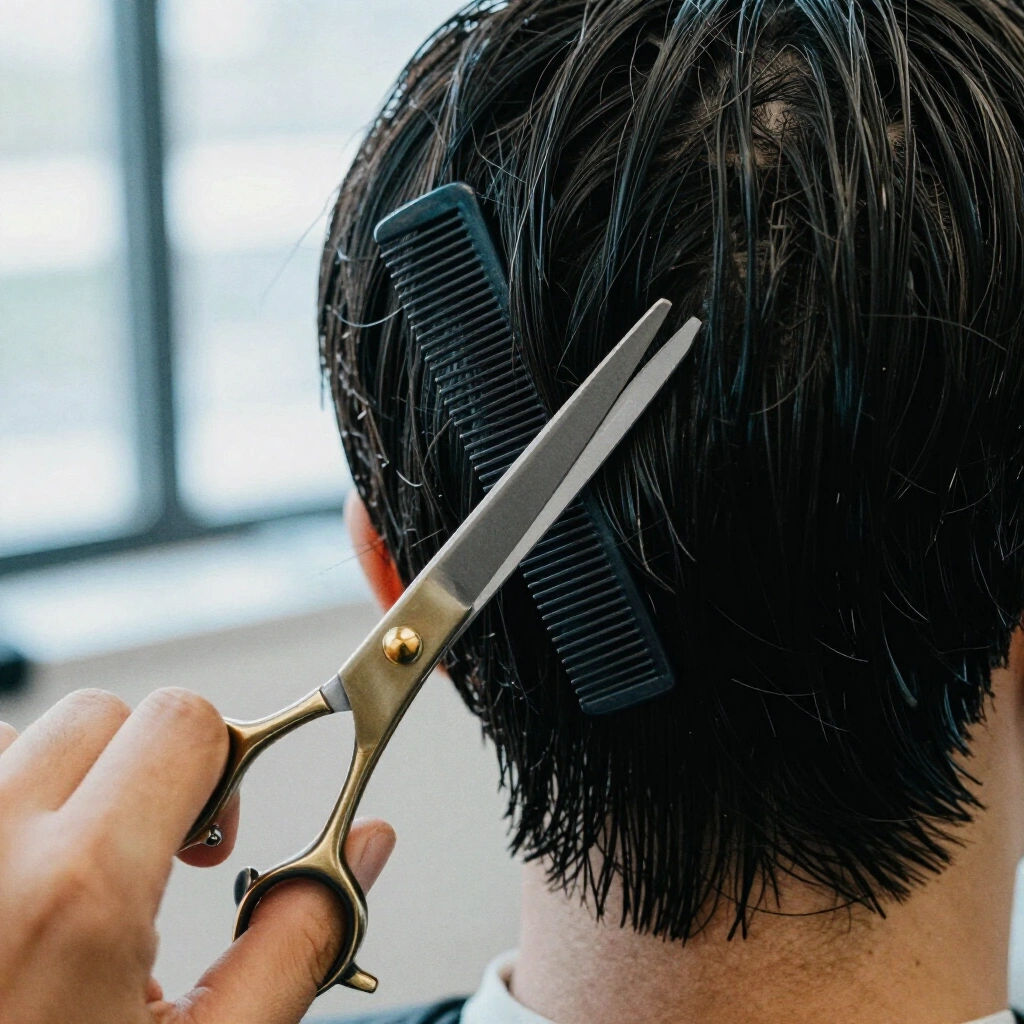 Friseurschere teilt eine nasse Haarpartie mit dem Kamm für einen präzisen Schnitt