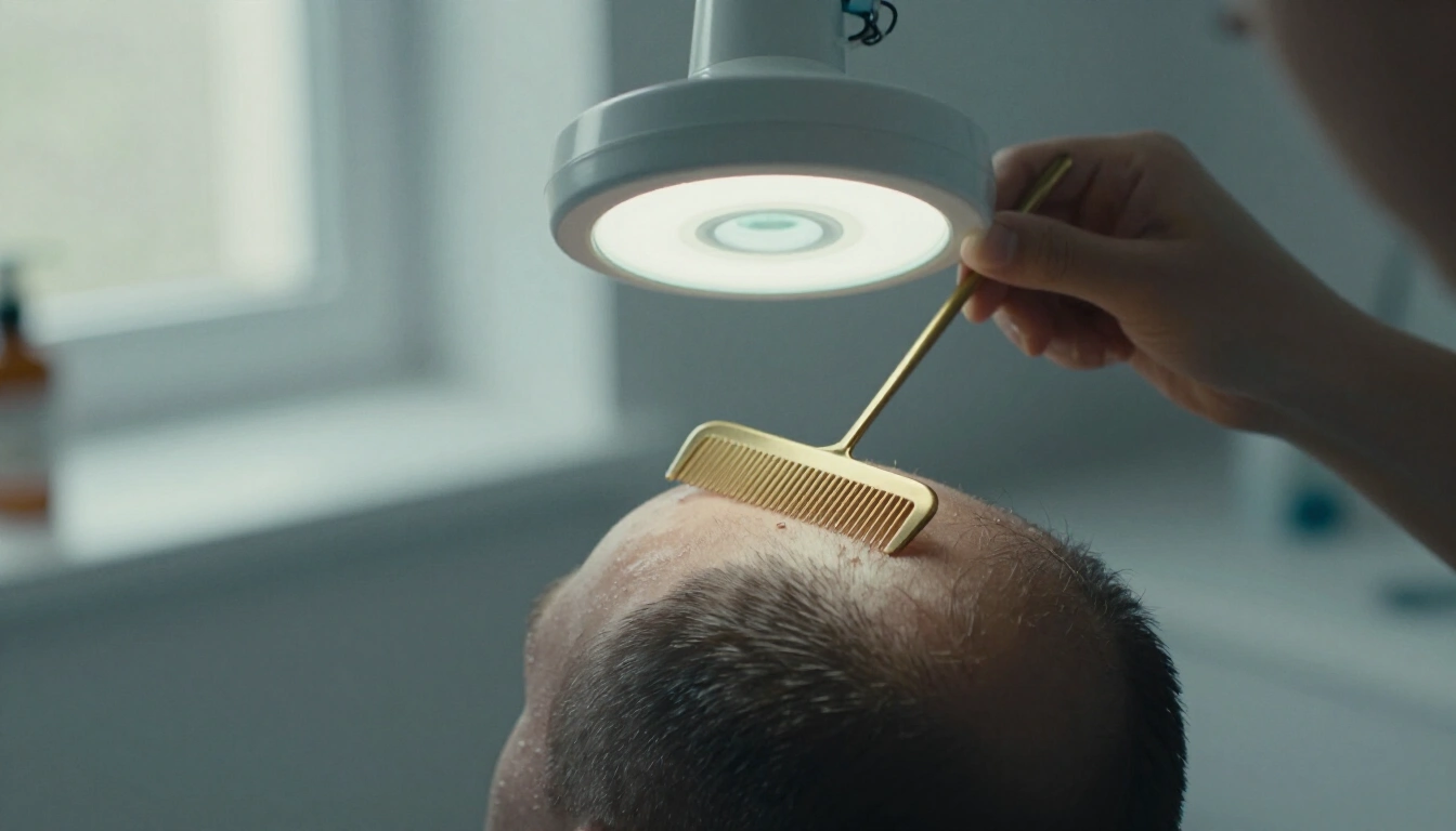 Gescheitelte Kopfhaut unter einer Lupenleuchte während der Haaranalyse im Salon
