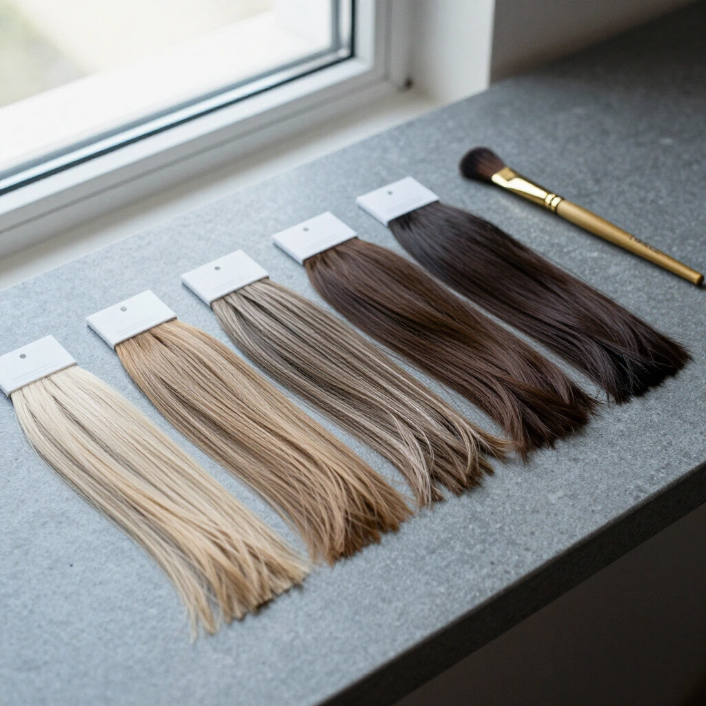 Haarfarbmuster von Aschblond bis Dunkelbraun neben einem Färbepinsel auf einer Steinablage