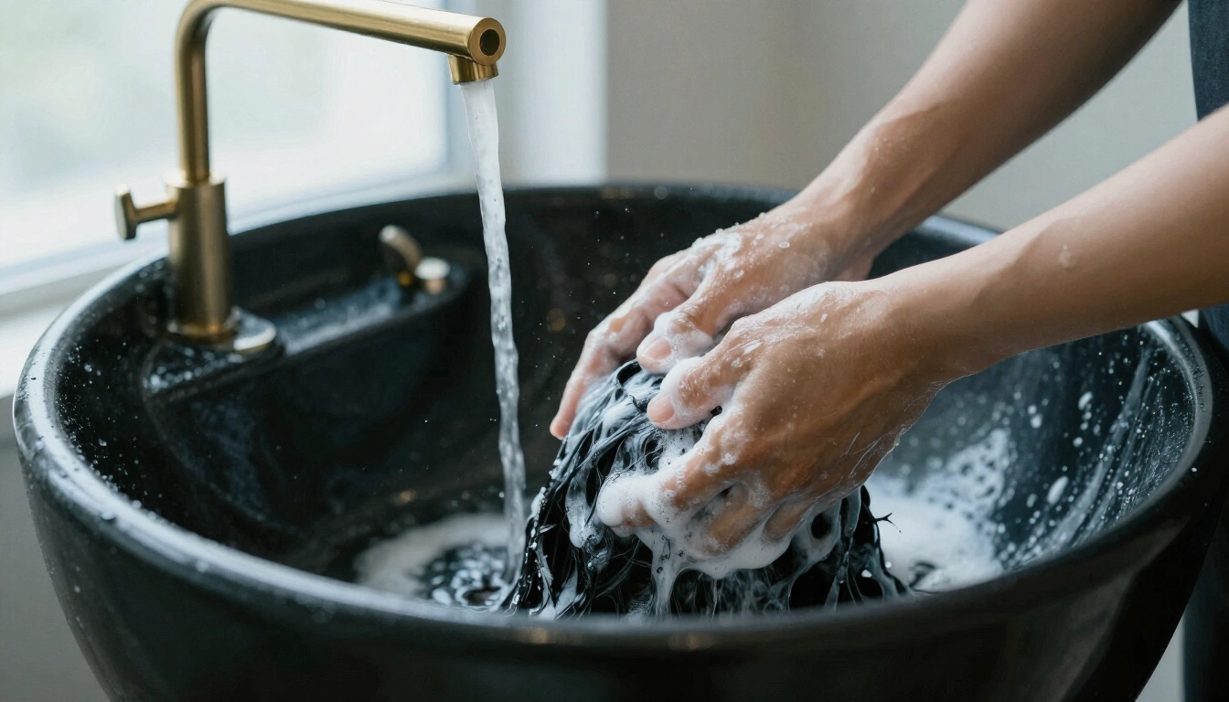 Hände massieren Shampoo in die Kopfhaut am schwarzen Waschbecken im Friseursalon