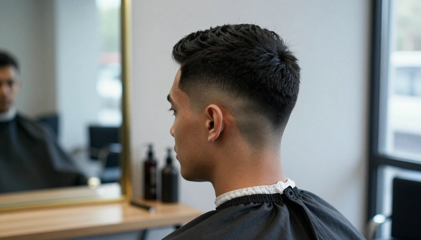 Herrenschnitt mit engem Skin Fade und texturiertem Deckhaar im Halbprofil