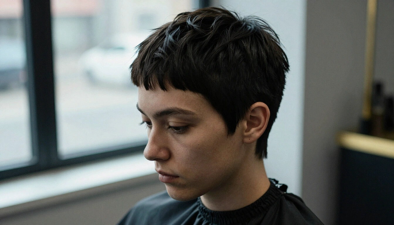 Kurzer Pixie Cut mit scharf konturierten Koteletten und Nacken