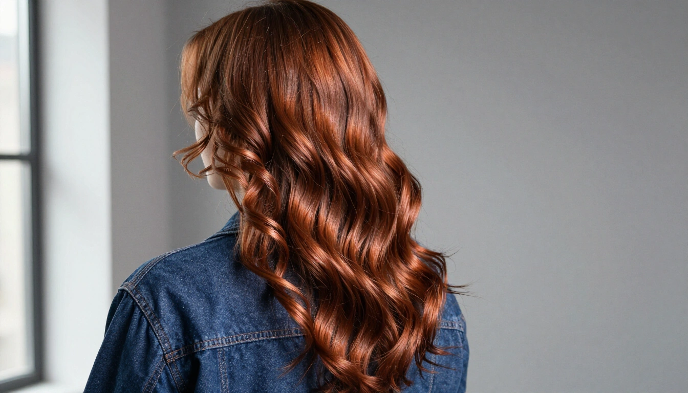 Lange kupferfarbene Locken mit hohem Glanz nach einer Glossing-Behandlung
