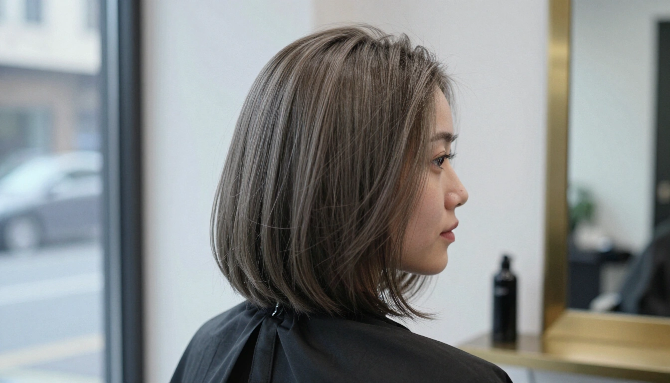 Schulterlanger Blunt Bob mit weichen aschblonden Highlights im Salonlicht
