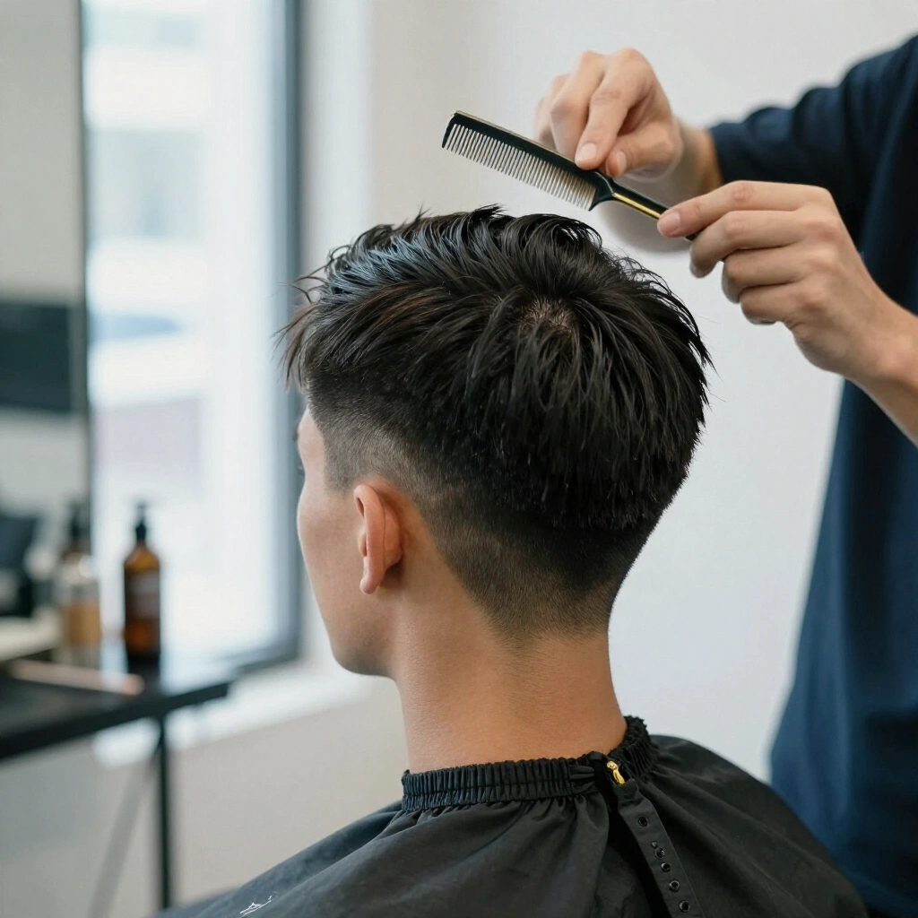 Stylist prüft die Stufung am Hinterkopf mit einem feinen Schneidekamm